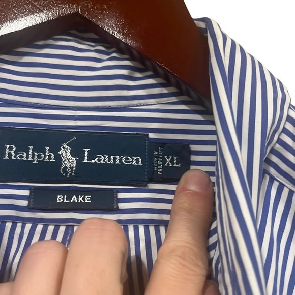 Ralph Lauren Mens Button Down Black Dress Shirt Blue and White Stripe Size XL - Picture 2 of 4